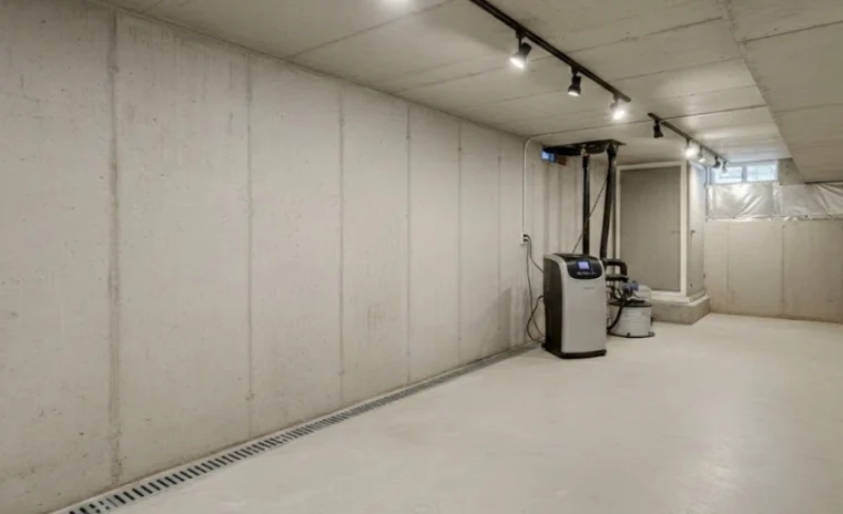 Empty concrete basement with sump pump and drainage system installed on the right wall