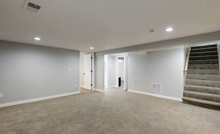 An empty, finished basement with light gray walls, brown carpet, white trim, and a carpeted staircase.